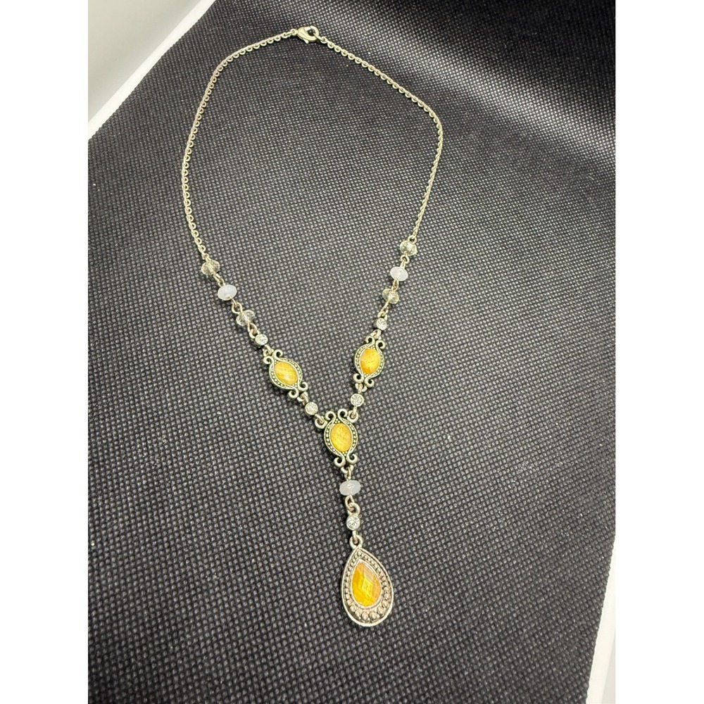 Avon Vintage Style Yellow Stone Rhinestone Y-Necklace Silver Tone Drop Pendant